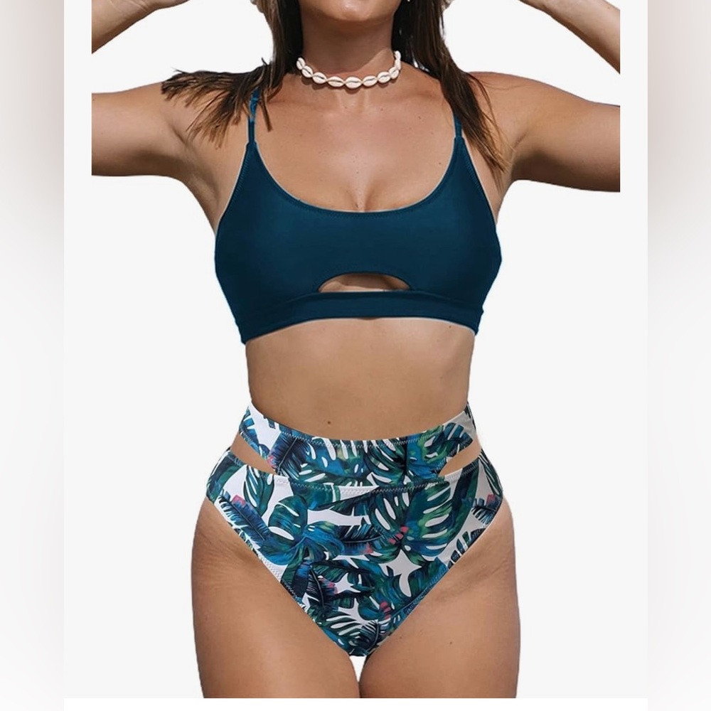 Hilinker Women's Cut Out 2 Piece Bikini Set Scoop Neck High Waisted Thong